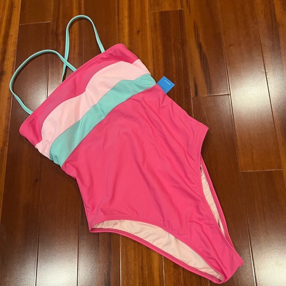CUPSHE One Piece Swimsuit Swim Pink Teal Stripe Beach Resort New Size‎ Medium